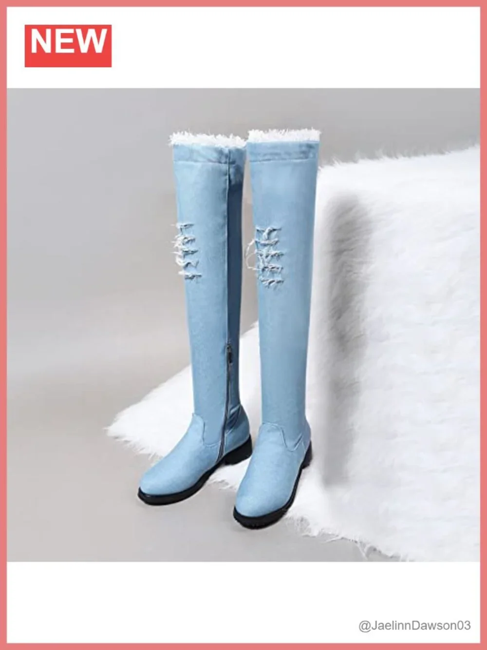 Denim Over the Knee Boots Flat Chunky Heel Side Zipper